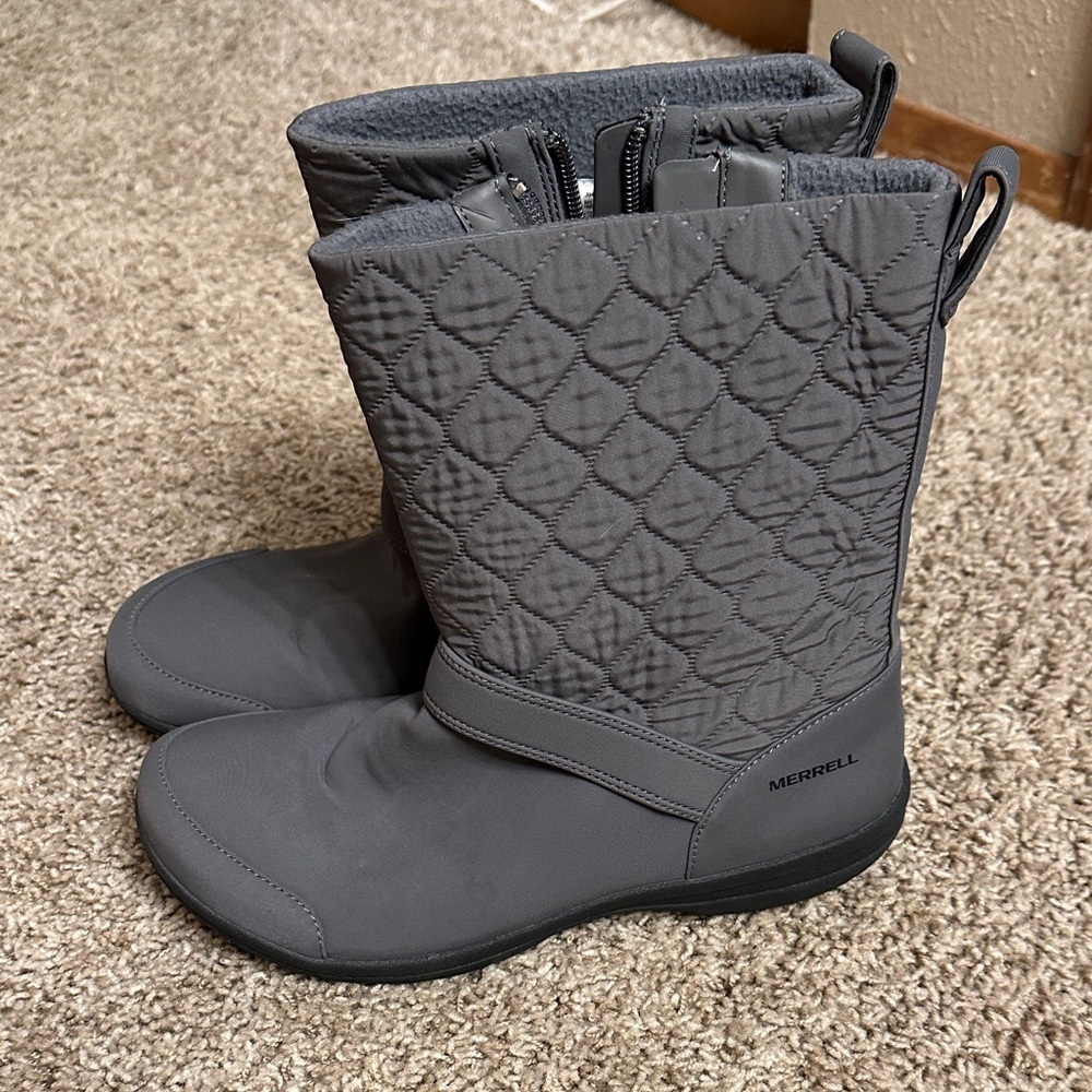 Merrell Charcoal Quilted Winter Boots Kassie Waterproof Fleece Lined Warm size 8